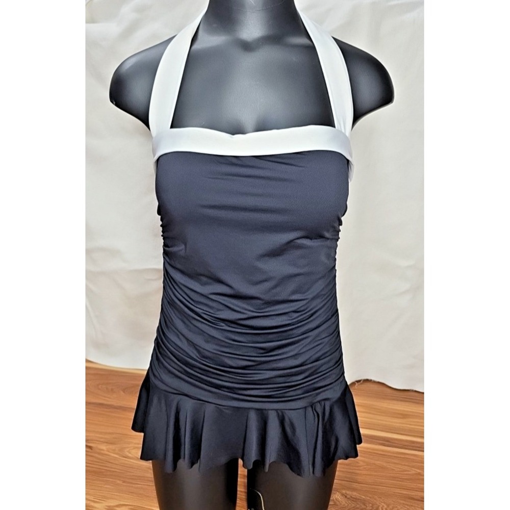 Y2k LRL Ralph‎ Lauren Halter Swim Suit Size 12 Ruched Ruffle Skirt Black One Pc.
